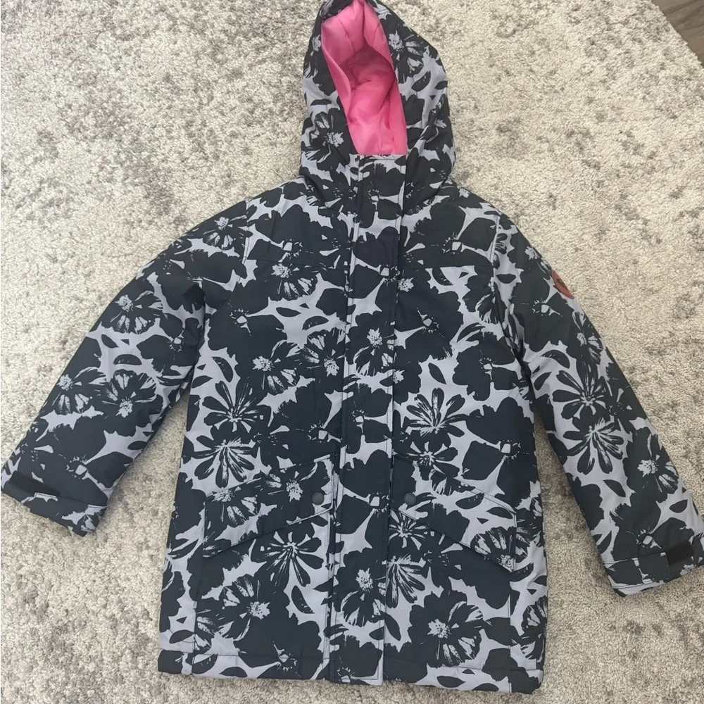 Roxy Girls Hooded Winter Jacket Black Floral Pink Lined Size 7/8